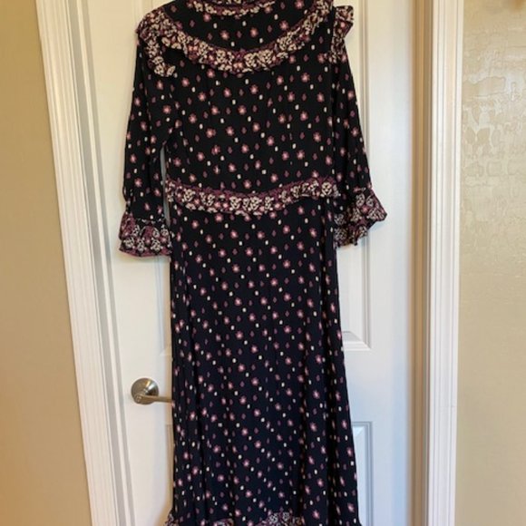 Free People Calico Skies Ruffle Button Down Midi Dress Floral Black/Purple XS - Picture 2 of 16